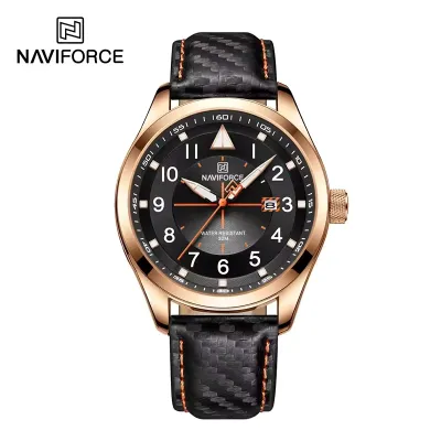 NAVIFORCE NF8022 Original New Men Business Watches Waterproof Leather Sport Wristwatch Quartz Date Display Male Clock - RoseGold Black